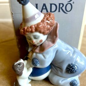 Lladro Clown with Dog Figurine - Blue and White